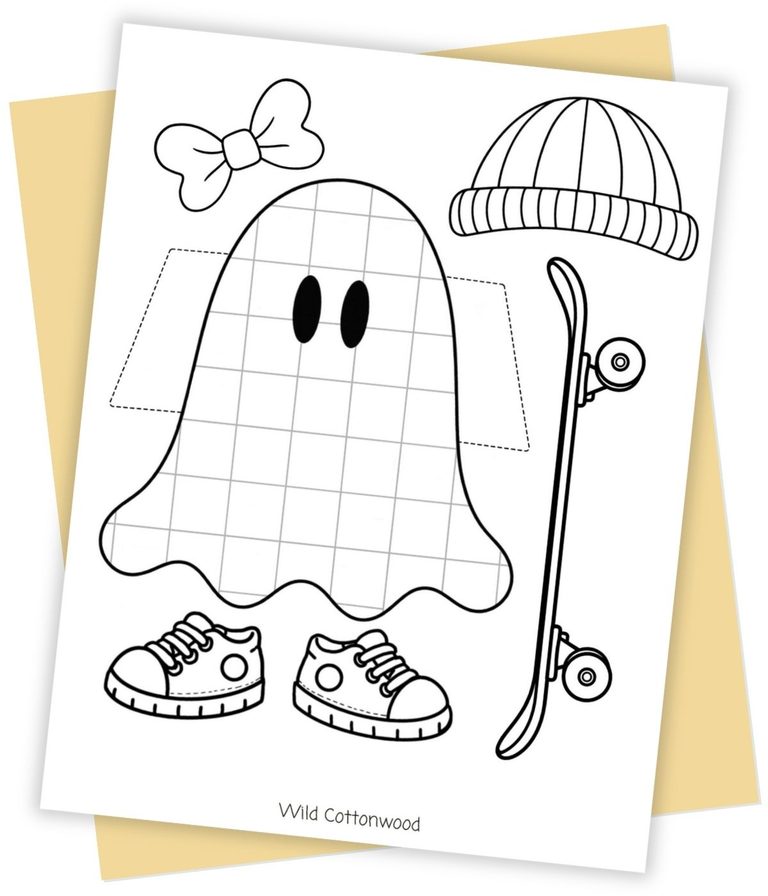 Free printable design your own ghost craft with a grid ghost, bow, beanie, sneakers, and skateboard.