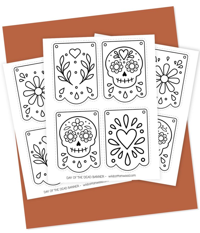 Three pages of a free Día de los Muertos banner printable featuring skulls, flowers, hearts, and decorative designs to color.