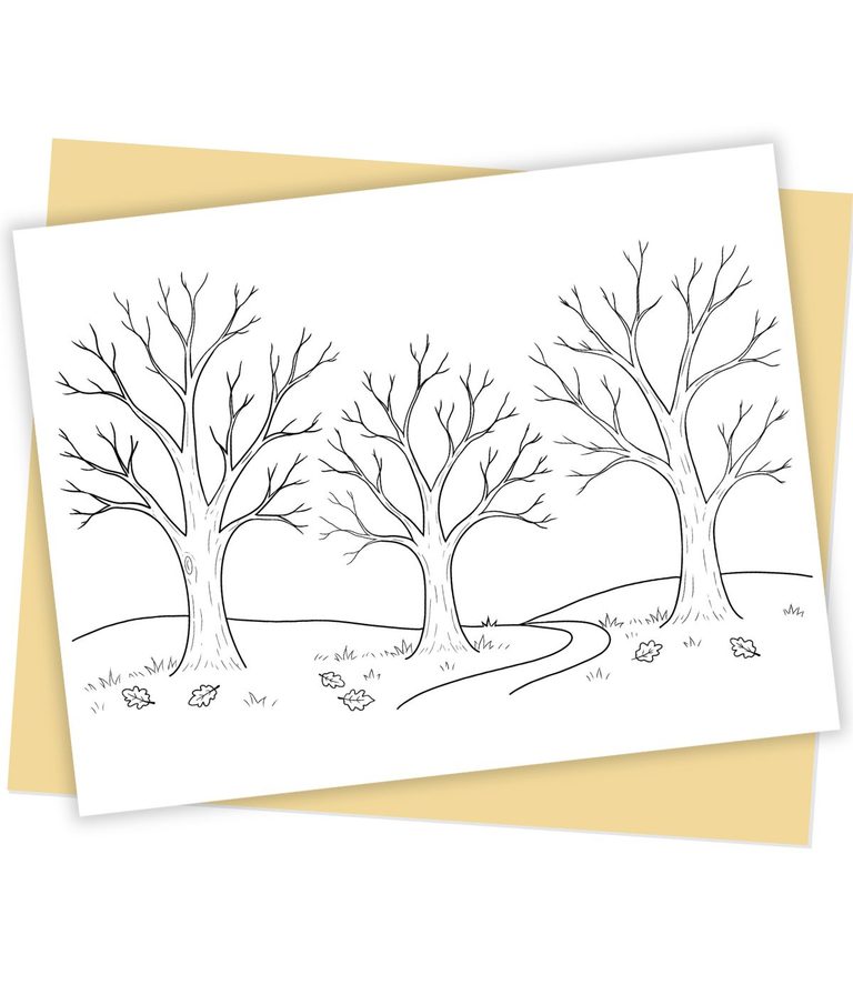 Free printable fall tree painting activity for kids featuring three bare trees to decorate with colorful autumn leaves.
