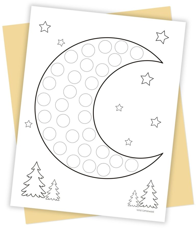 Free printable moon dot marker activity featuring a crescent moon with circles, stars, and pine trees.