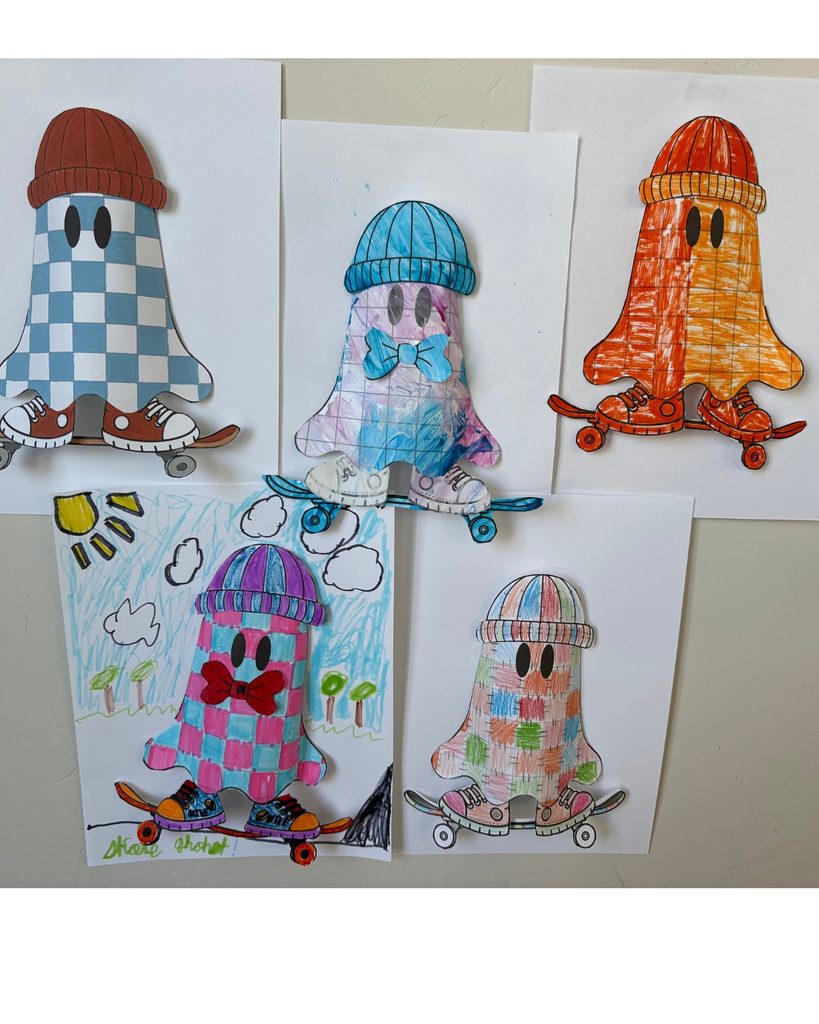 Five colorful versions of a printable 3D paper ghost craft, decorated with checkered patterns, beanies, sneakers, and skateboards.
