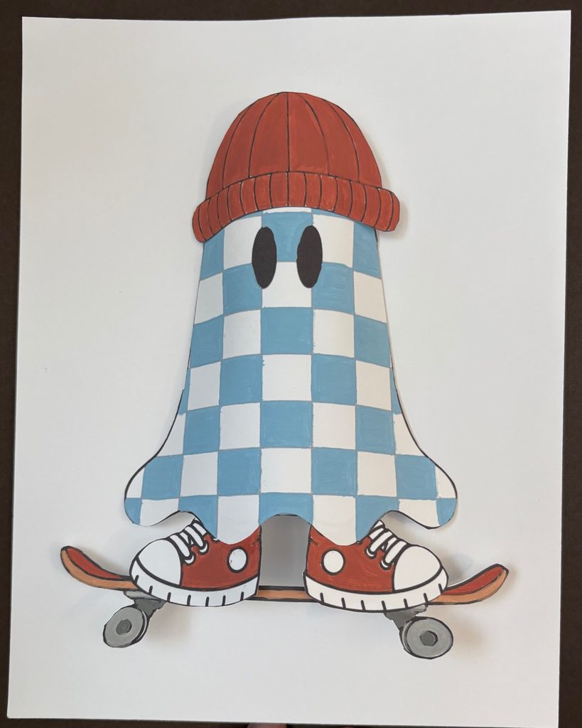 Blue checkered paper ghost craft wearing a red beanie and sneakers while riding a skateboard.